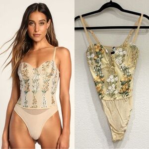 NWOT Lulus Essence of Elegance Beige Embroidered Bustier Bodysuit